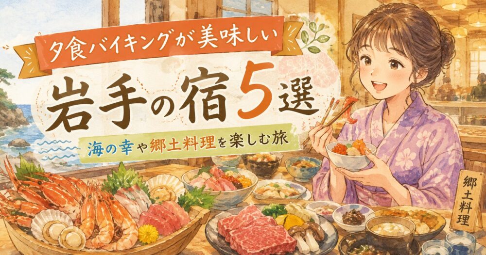 岩手県で夕食バイキングが美味しい宿を紹介するアイキャッチ画像。海鮮や前沢牛、郷土料理が並ぶ豪華なバイキングと、浴衣姿の女性が食事を楽しむ柔らかなイラスト。