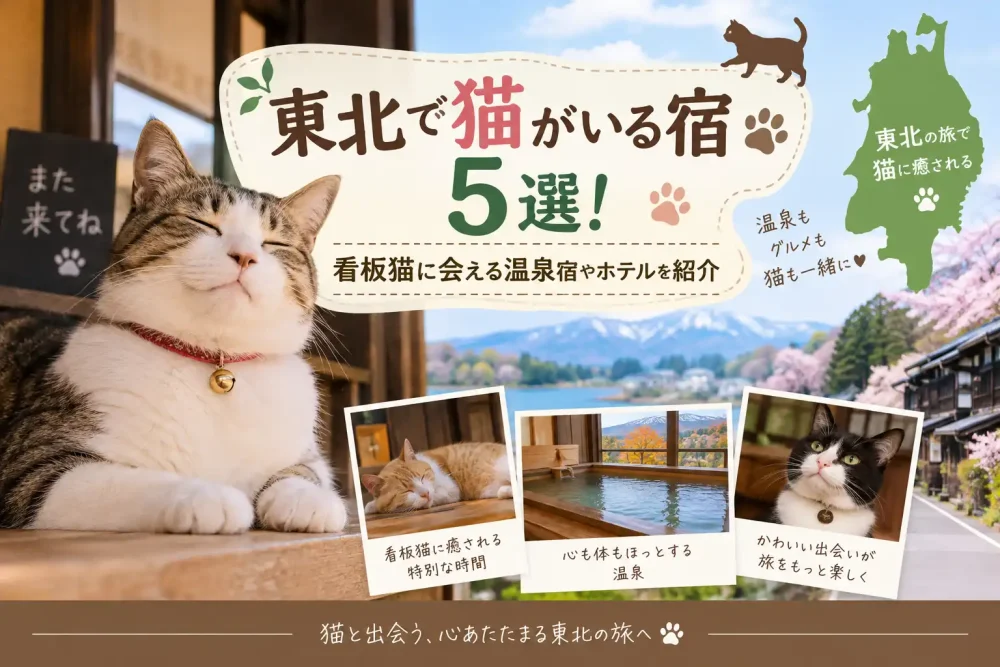 東北で猫がいる宿5選を紹介するアイキャッチ画像
